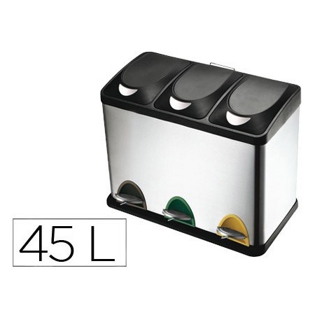 Papelera contenedor q-connect metalica con tapadera de plastico y pedal 3 depositos 45l 605x340x485 mm