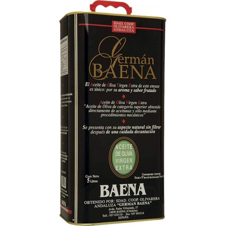 Germán Baena - Aceite de oliva virgen extra, Lata 5 litros sin filtrar. Denominación de Origen Baena, Punto de amargor y sabor P